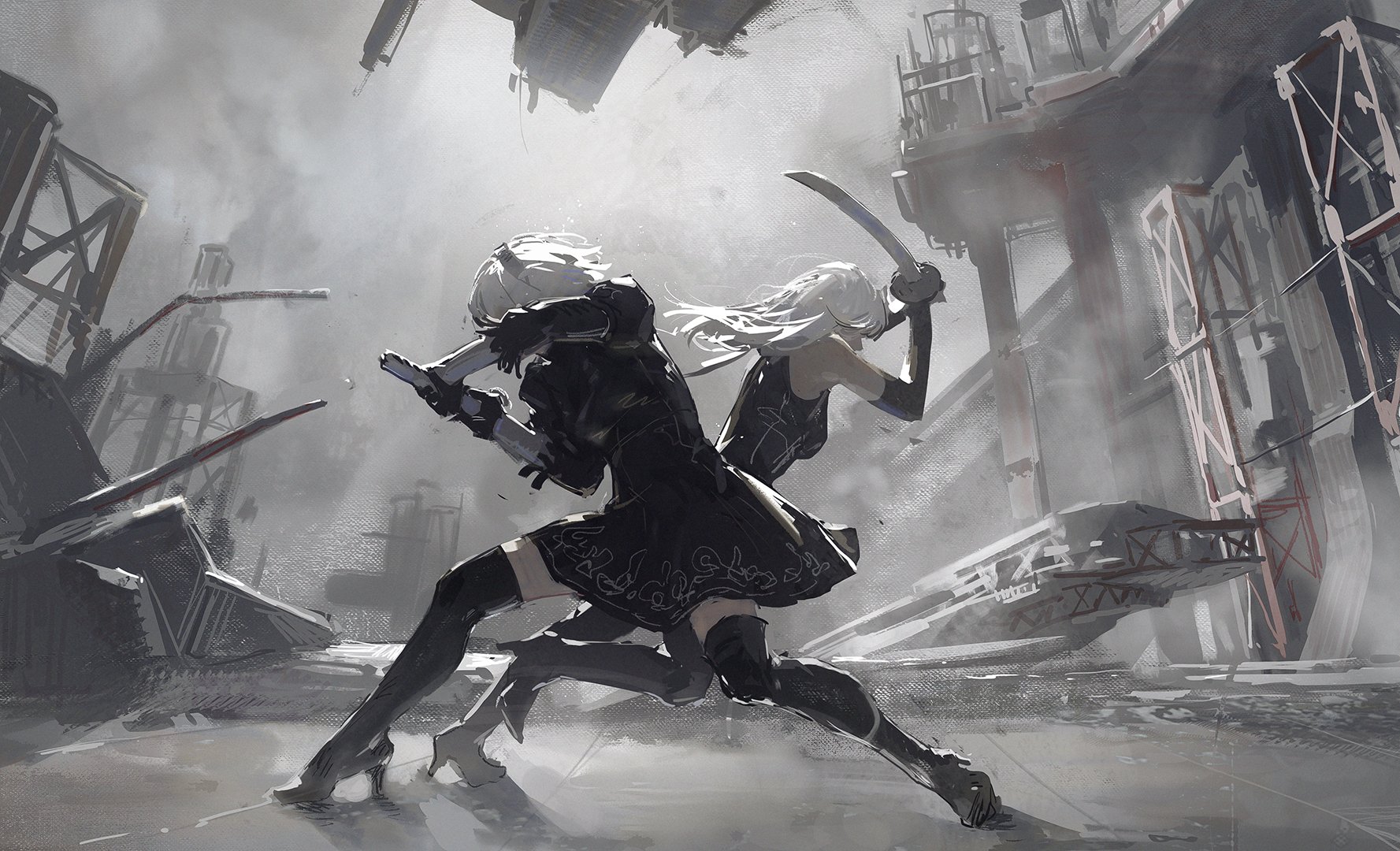 two animestyle female warriors dressed in black with white hair are fighting in a gray futuristic cityscape.  the background is a mix of ruins and platforms with fog. they are each holding a sword and appear to be in the middle of a dynamic battle pose.