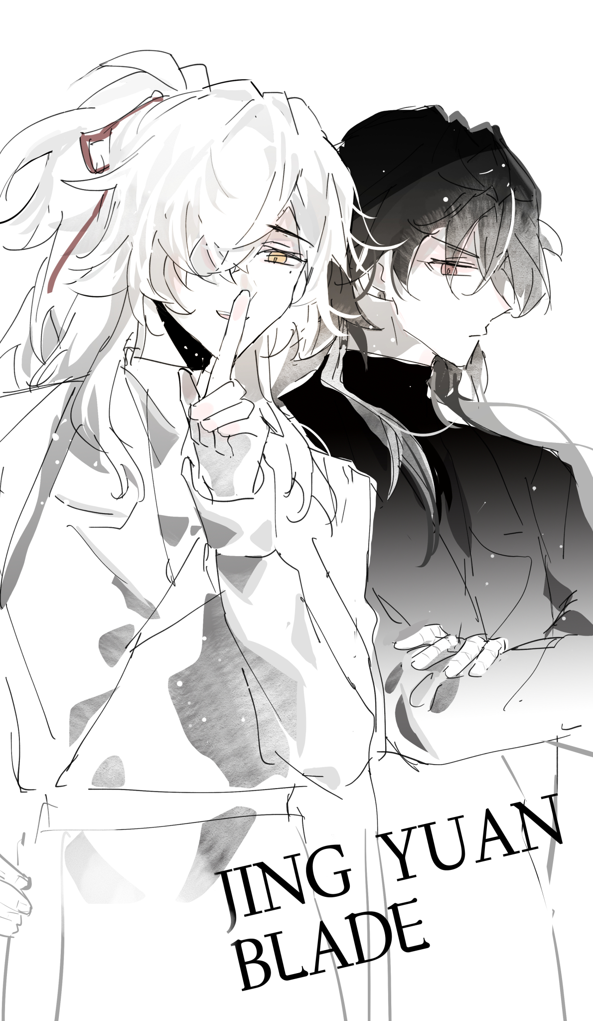 this image depicts a scene from an anime or manga featuring two male characters. the characters are drawn in a stylized, slightly messy art style, with a focus on their expressions and poses. one character has white hair and is wearing white clothing, while the other has black hair and is wearing black clothing. they are standing side by side, and the whitehaired character is leaning into the blackhaired character's shoulder. both characters are looking away from the viewer. the whitehaired character has his finger raised to his lips, as if telling the viewer to be quiet. the image is set against a plain white background.