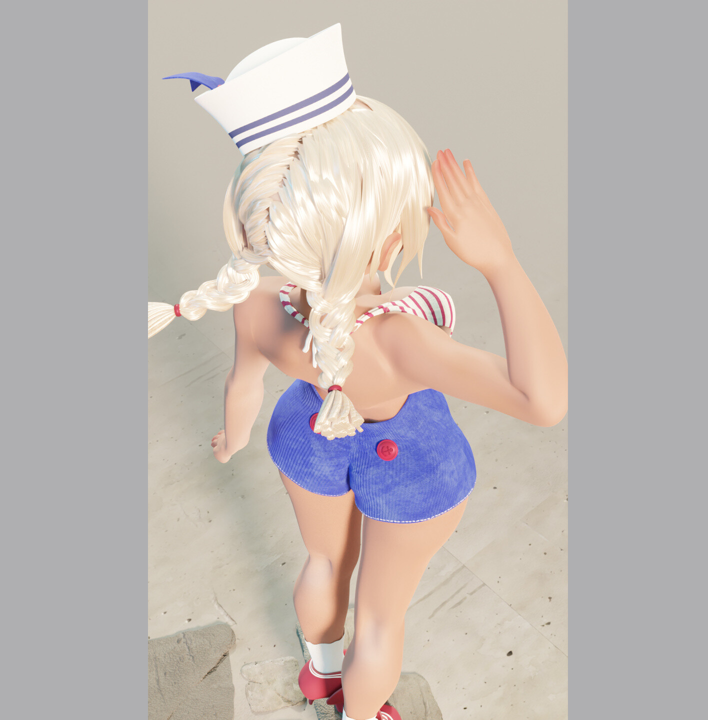 a 3d cartoon woman with blonde hair, wearing a sailor hat, a red and white striped bikini top, and blue denim shorts with red buttons, is standing with her back to the camera and looking to the left. the background is white.