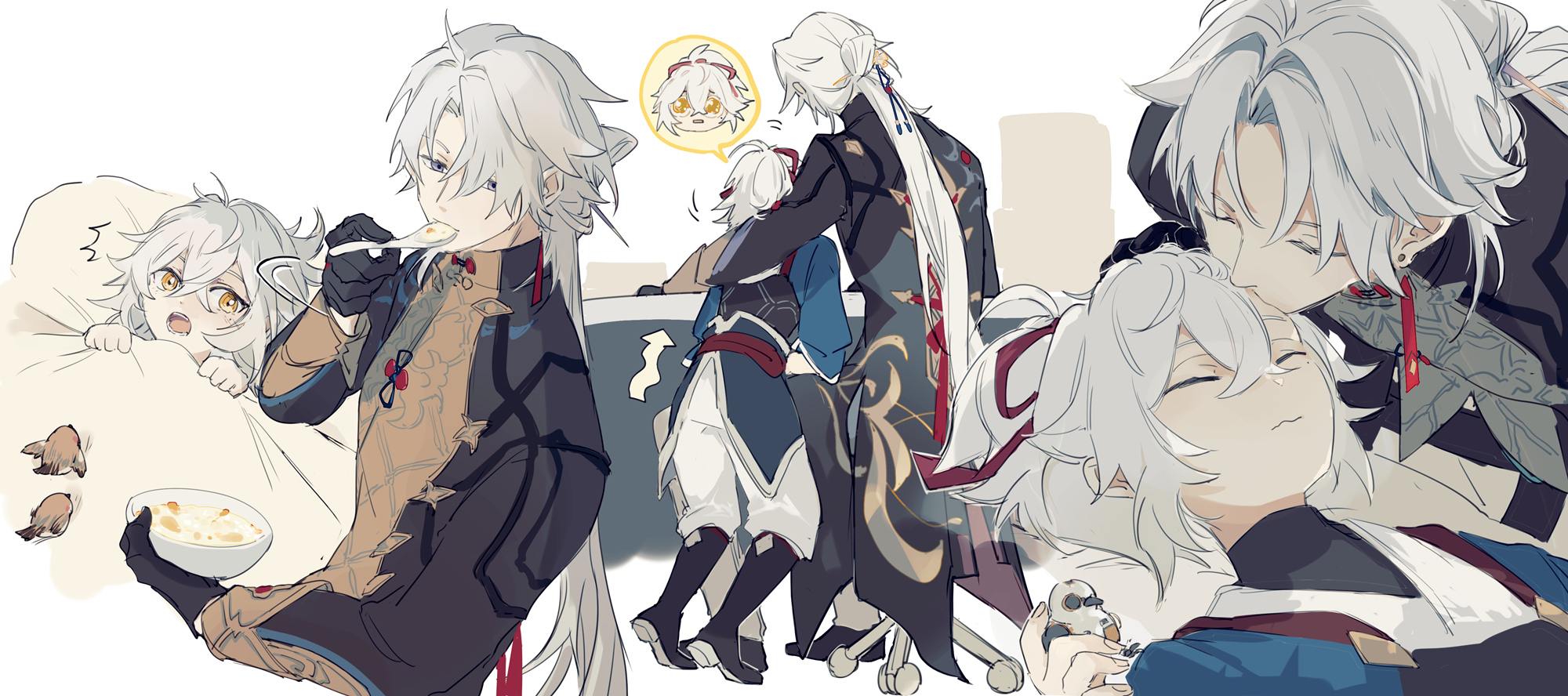 this is a digital illustration of three anime characters. one male character in the background is holding a sword, and the other male character is feeding a small child a bowl of food. there is a small bird on the bed. all three of them have white hair. the male character in the foreground is leaning down and kissing the second male character on the forehead. the second male character is laying down with his eyes closed and smiling. they are all dressed in traditional japanese clothing. the art style is colorful and detailed.