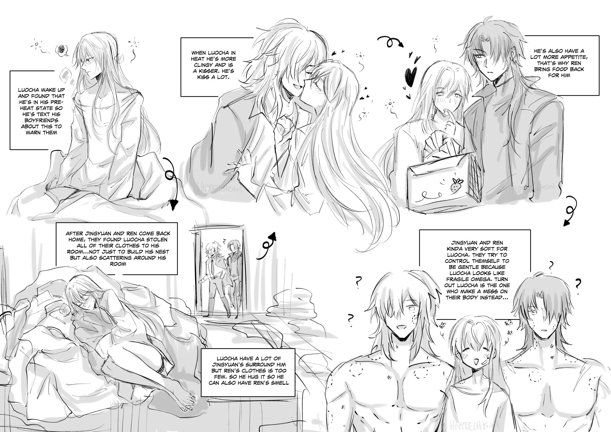 this image is a manga/manhwa comic strip. it shows a scene with two characters, one being a man with long silver hair wearing a white button down shirt, and the other is a man with long blonde hair wearing a white shirt, black pants, and a black coat. they are in a bedroom and the first man appears to be naked. there is text in the comic strip but it is unclear if it is a dialogue or a narration.