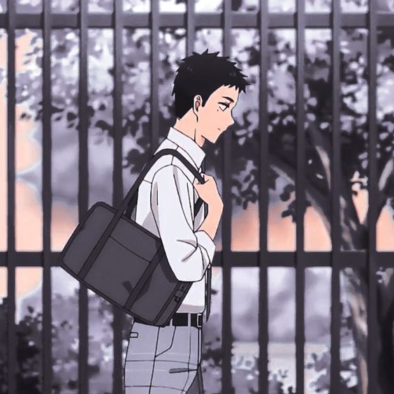 an animestyle illustration of a young man in a school uniform, standing in profile. he is carrying a black messenger bag and has short dark hair and a neutral expression. the background is a blurred cityscape with a metal fence and trees. the overall color palette is muted and cooltoned, creating a calm and contemplative atmosphere.