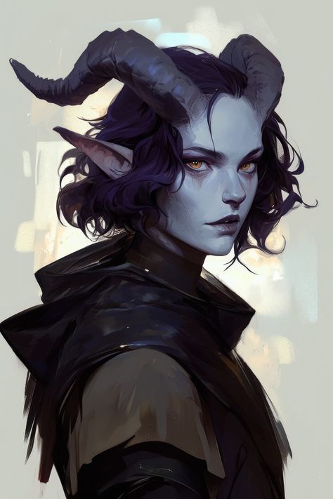 a digital portrait of a female tiefling character. she has blue skin, pointed ears, horns, and dark hair. she is wearing a dark cloak and looking directly at the viewer. the art style is realistic and detailed.