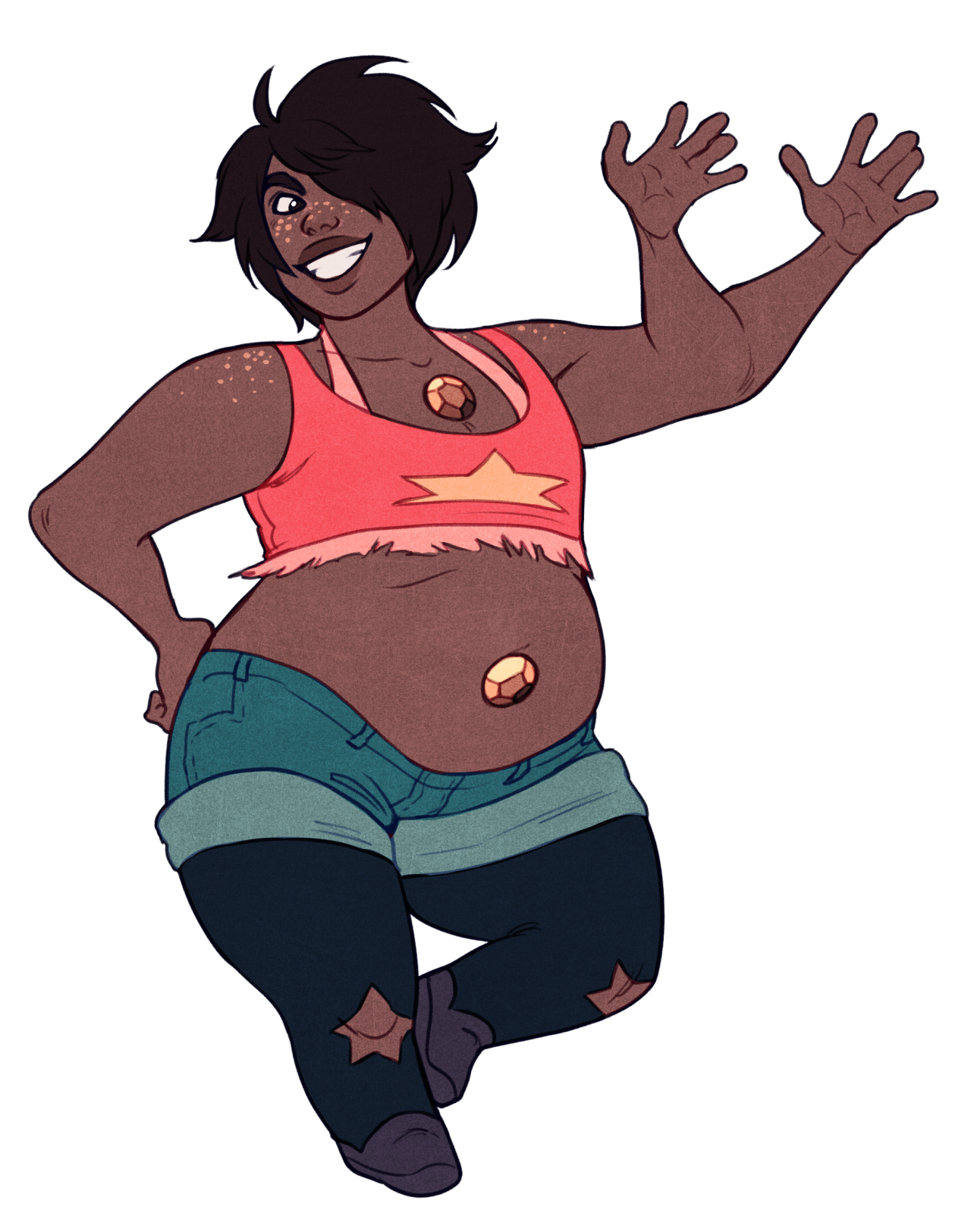 a smiling, darkskinned woman with black hair in a pixie cut stands with one leg slightly raised and both hands up, waving. she wears a pink crop top with a yellow star, lowslung jean shorts over dark leggings with stars on the knees, and black shoes. her stomach is exposed. two orange gems are visible, one on her chest and one on her stomach. the art style is cartoonlike, with exaggerated features and bold outlines. the background is plain white.
