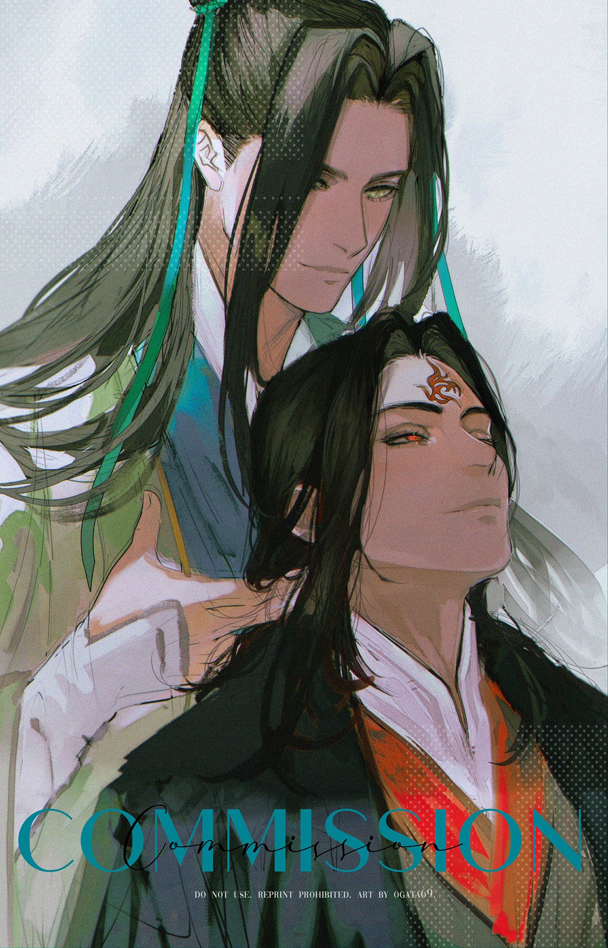 the illustration is of a couple embracing. both are men, one in a green and white outfit and the other in black, red and white. the man in green has his hands around the man in black's neck. the background is white with black speckles. the words "commission" are written in blue at the bottom.  "do not use, reprint prohibited, art by ogatayo" is written in smaller font under the word "commission."