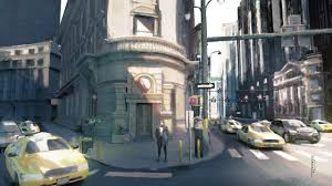 the image shows a city street corner with a busy intersection. there are several yellow taxis parked and driving, as well as people walking on the sidewalk. the buildings on the corner are old and have a classic architectural style. there is a lamppost on the corner and a crosswalk sign. the street is paved with asphalt and the sky is blue. the image is taken from a streetlevel perspective.