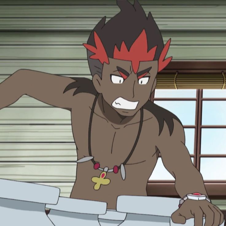 an angry, frustrated anime character with brown skin, red hair, a necklace and a ring stands inside a wooden building. he is looking at the camera with a fierce expression.