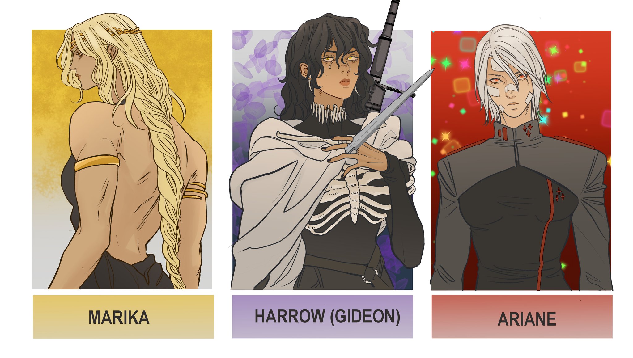 the image shows three character portraits labeled marika, harrow (gideon), and ariane. marika has blonde hair in a long braid, gold armbands, and is dressed in black. harrow (gideon) has dark, wavy hair and is wearing a black top with a skeleton design and a white shawl, holding a sword. ariane has short white hair, bandages on her face, and wears a dark gray uniform with red accents. the backgrounds are different colors and patterns for each character.
