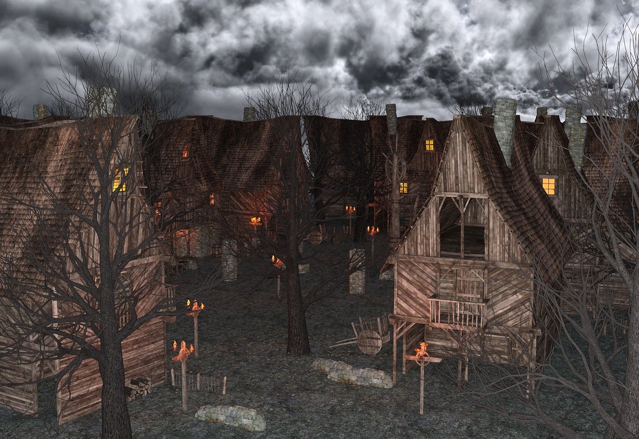 the image depicts a creepy, dark, and old village with gothic architecture at night. several wooden houses are shown with dim light emanating from some windows, and the sky above is filled with dark, ominous clouds. bare trees surround the houses, and torches are placed around the village. there is a graveyard with graves, creating a spooky and eerie atmosphere.