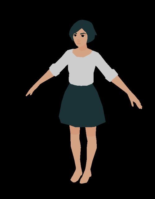 a 3d model of a female character with dark short hair, wearing a white blouse and a dark skirt. she is standing with her arms outstretched against a black background. the style is simple and cartoonish.
