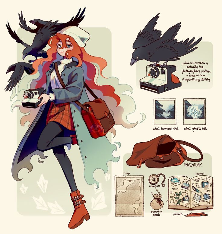 the image features a girl with red hair wearing a blue jacket and a red plaid skirt. she is holding a vintage polaroid camera and is surrounded by crows. the crows are depicted as magical creatures that can shapeshift. the girl is also carrying a backpack that contains various items, including a map, compass, pumpkin seeds, and pencils. the image suggests that the girl is going on an adventure to explore a world where humans and ghosts coexist. the image has a fantastical and whimsical tone, with a touch of mystery and intrigue.