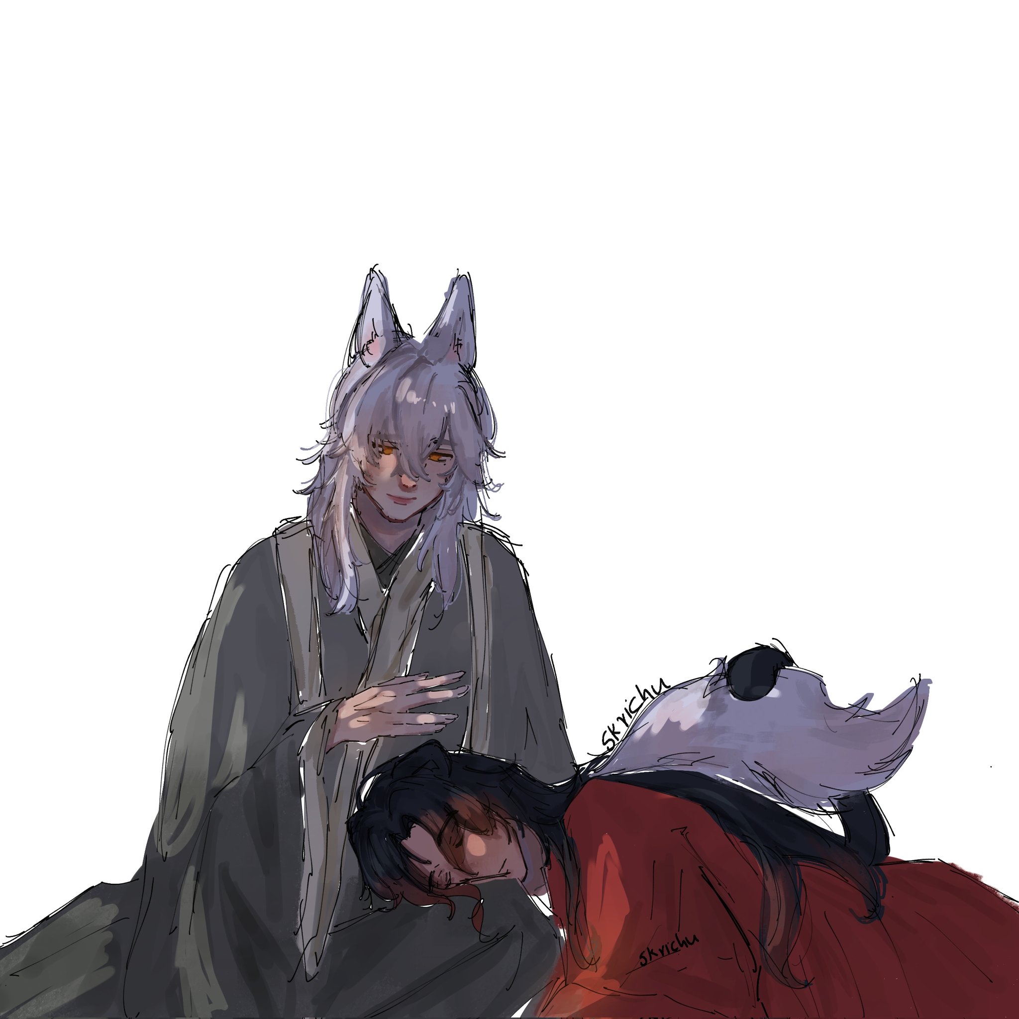 a man with white hair and wolf ears is sitting down with a person with black hair, wearing red and black clothing, sleeping on his lap. they appear to be a couple. the man is smiling down at the sleeping person. the background is white.