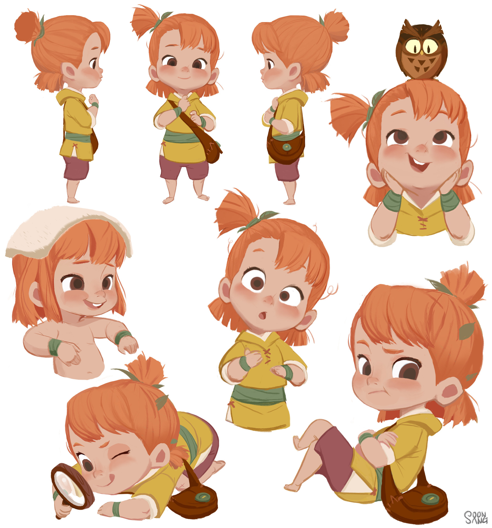 the image shows a character sheet of a young, possibly asian girl with bright orange hair styled in pigtails.  she has on a yellow tunic, brown pants, and a brown satchel.  she is shown in various poses, including standing, sitting, and exploring with a magnifying glass.  she is also shown with an owl companion.  this character design exudes a feeling of playfulness and curiosity.  the art style is cartoonlike with exaggerated features.