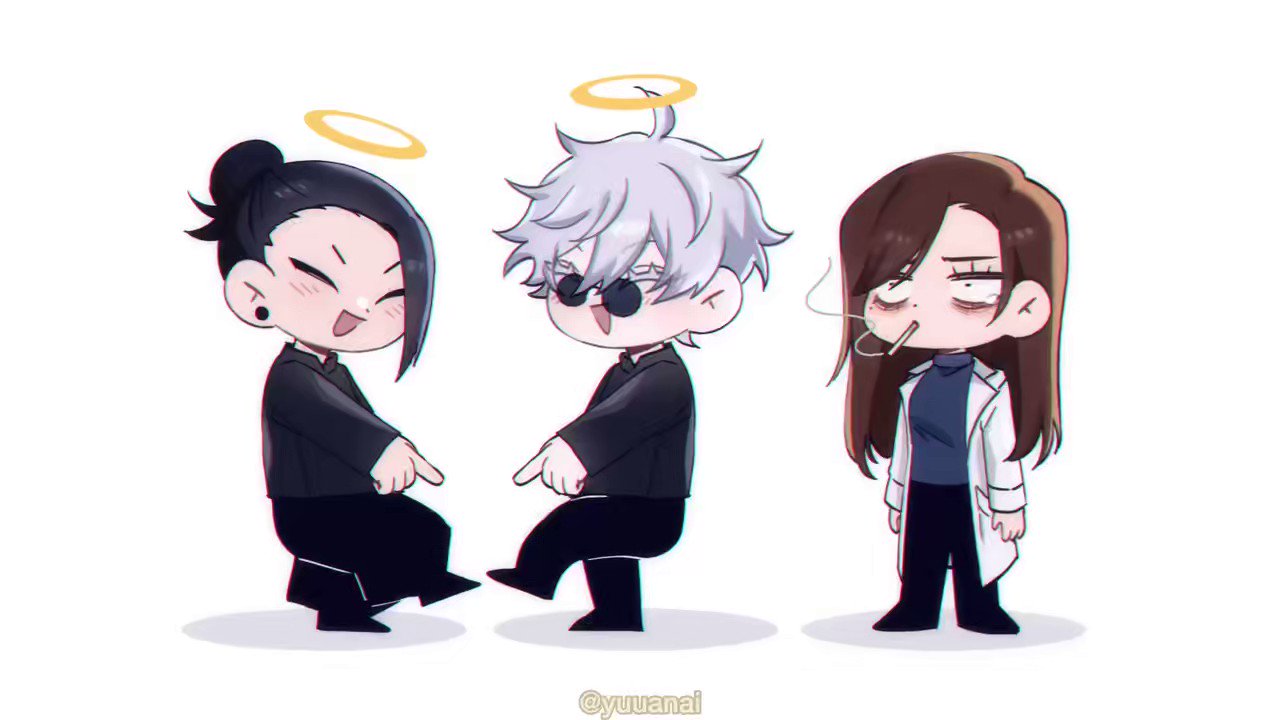 three anime characters in chibi style. two males and one female. they are all wearing halos. the female is holding a cigarette in her mouth and has a tired look. the male in the middle is wearing sunglasses. all three of them are looking at the side, and the male in the right is stepping forward.