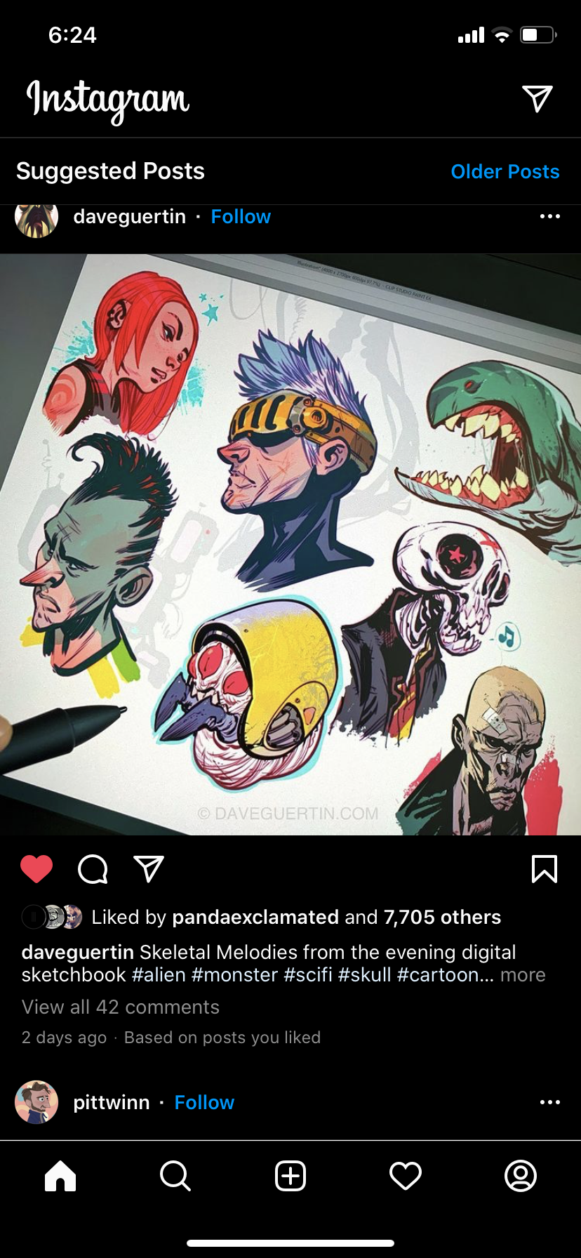 a screenshot of an instagram post showcasing digital sketches of various alien and monster heads.
