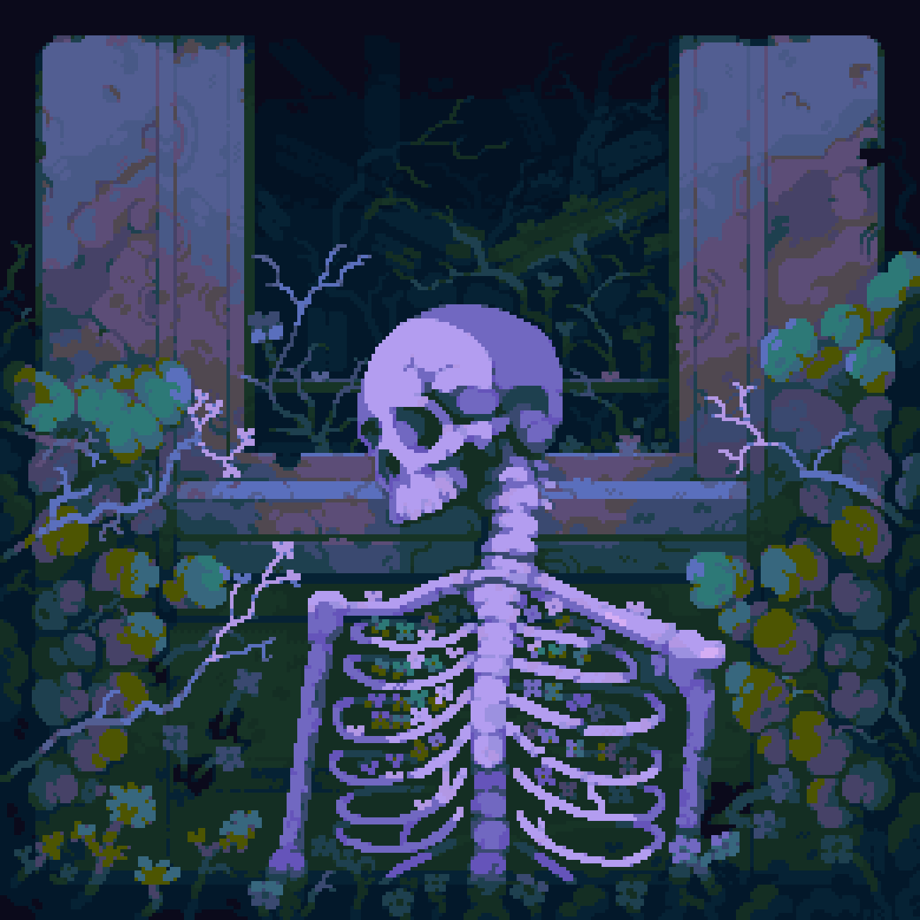 the image is a pixel art illustration depicting a skeleton sitting with its back to the viewer, gazing out of a stone window frame. the skeleton's ribcage is filled with various colorful flowers.  the setting is dark and gothic, with overgrown vines and flowers around the window and stone frame. the overall mood is somber and slightly eerie, creating a mystical and atmospheric scene. the pixel art style gives it a retro video game or vintage aesthetic.