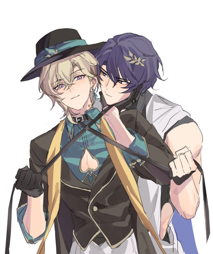 the image is a piece of fanart depicting two animestyle male characters in a close and affectionate embrace. one character, with blonde hair and a teal hat, is wearing an elegant, darkcolored suit with a teal vest and a yellow scarf. the other character, with purple hair and a small leaflike adornment, has on a white shirt and is partially visible.  leather straps are crossed in front of the blondehaired character. the overall style is soft and romantic, suggesting a strong bond between the two characters. the artwork is in a style consistent with japanese manga and anime.