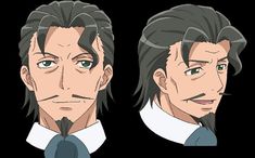 this is a character design sheet, showing the front and side profile of a male character with dark hair, a mustache and goatee, and green eyes.  he is wearing a white shirt and a darkcolored cravat.  the background is black.