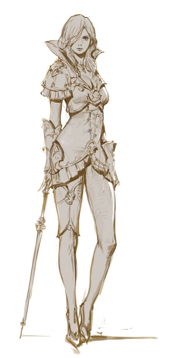 a pencil sketch of a female anime character. she has long blonde hair that is down, and she is wearing a long, ornate dress.  the woman is holding a staff with a pointed end.  the background is white.