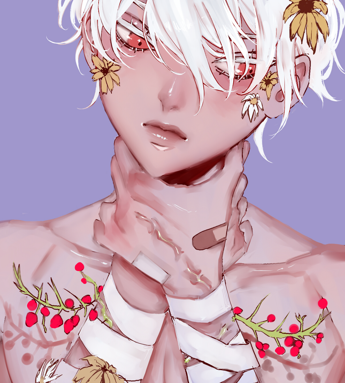 this image is a portrait of an anime boy with white hair and red eyes. he has flowers on his face and is bandaged up. the background is a light purple. the boy looks worried and sad.