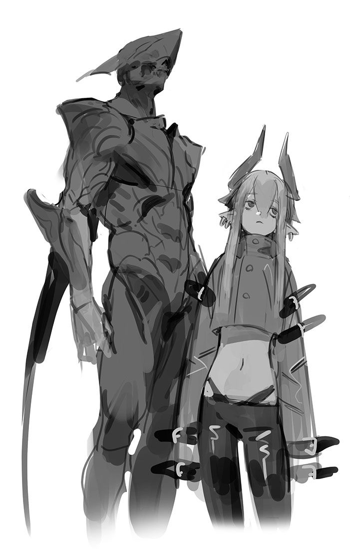 a black and white sketch of two characters. one of the characters appears to be human and is wearing futuristic fashion and is a female, the other character is wearing armor and looks like an alien or a monster. they are both armed with weapons that appear to be swords.