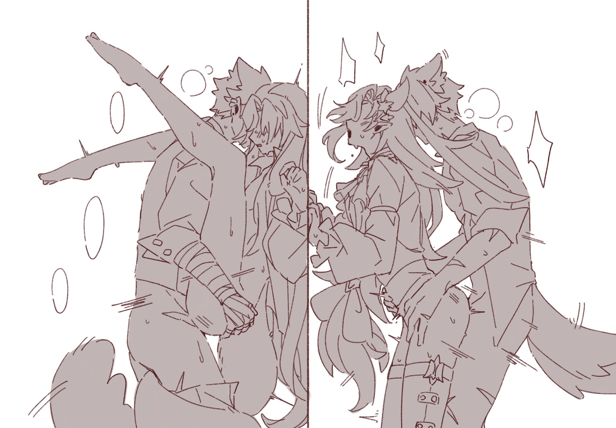 he image is a drawing of two animestyle characters, one appearing to be a girl with long hair and wolf ears and the other a boy with wolf ears.  they are in a close embrace, with the boy holding the girl close. the style is suggestive of romantic intimacy. the art is a sketch with grey and brown lines, giving it a rough and unfinished look. the background is plain white, focusing attention entirely on the figures. there's a slight mirroring effect, as if two almostidentical scenes are presented side by side with only minor differences in pose and emotion.