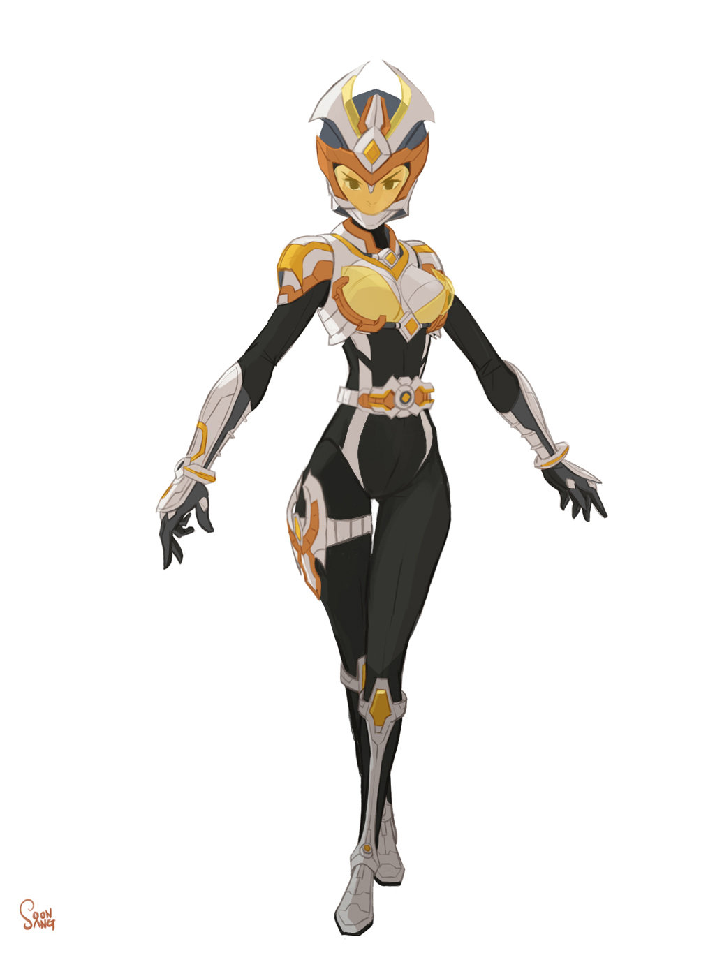he image showcases a digital illustration of a female character design, potentially a superhero, set against a plain white background.  she is clad in a sleek, futuristic suit of armor predominantly white, black, and gold. the suit features a helmet with a distinctive pointed crest, a formfitting bodysuit, and armored plating on the shoulders, chest, forearms, and shins. the pose suggests confidence and readiness for action.