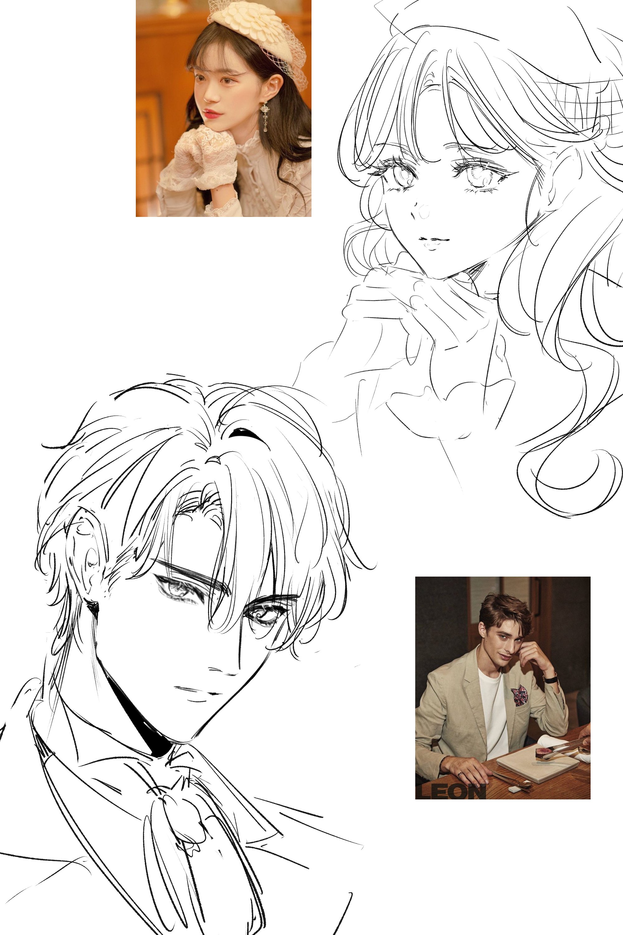 he image contains four distinct sections showcasing different artistic styles. the topleft corner displays a photograph of a young woman with a hat and gloves, exhibiting an elegant and sophisticated style. adjacent to it, on the topright, is a line drawing of a woman with long hair, done in an anime or manga style.  the bottomleft features a detailed line drawing of a young man's head and shoulders, rendered in a similar anime/manga style to the woman's portrait above.  finally, the bottomright shows a photograph of a man in a suit, seemingly a model or actor, providing a realistic counterpoint to the stylized drawings. the overall composition suggests a collection of artistic interpretations of different individuals or characters.