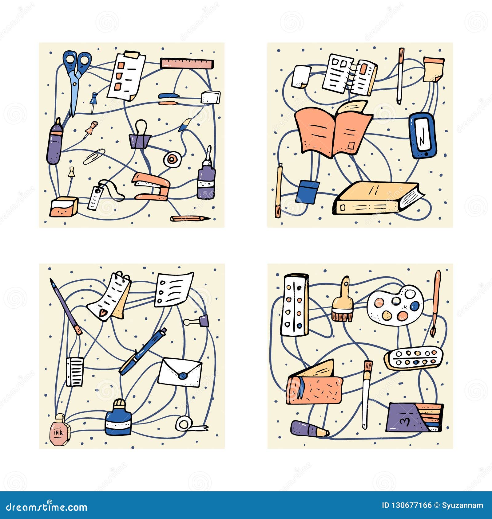 the image consists of four squares, each showcasing a different collection of handdrawn stationery and art supplies interconnected with a continuous blue line.  the top left square depicts typical office items like scissors, staplers, paper clips, and notepads. the top right focuses on reading materials, with a stack of books, a notebook, and a tablet. the bottom left features writing tools like pens, ink, envelopes, and calendars. the bottom right focuses on art supplies, including paint brushes, paint palettes, colored pencils, and a wallet. the overall style is playful and doodlelike, with a soft color palette.