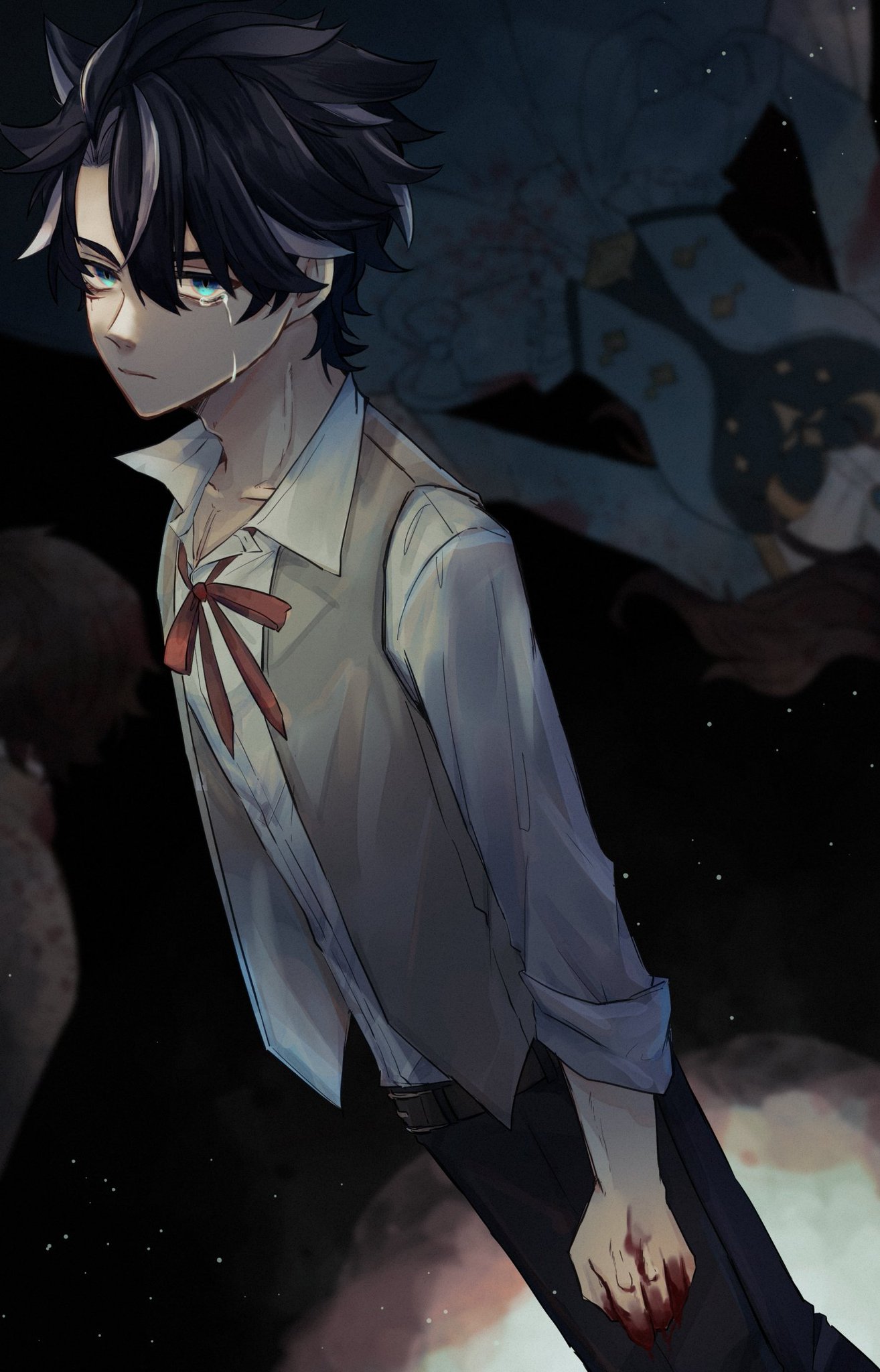 the image is a digital illustration of a young anime male character with black hair and blue eyes. he is wearing a white shirt, a gray vest, and a red bow tie. he appears to be sad, as tears are running down his cheeks. there is blood on his hand and he is looking down at it. the background is dark, with a few scattered stars. the image is stylized, with a focus on the character's emotions and expression.
