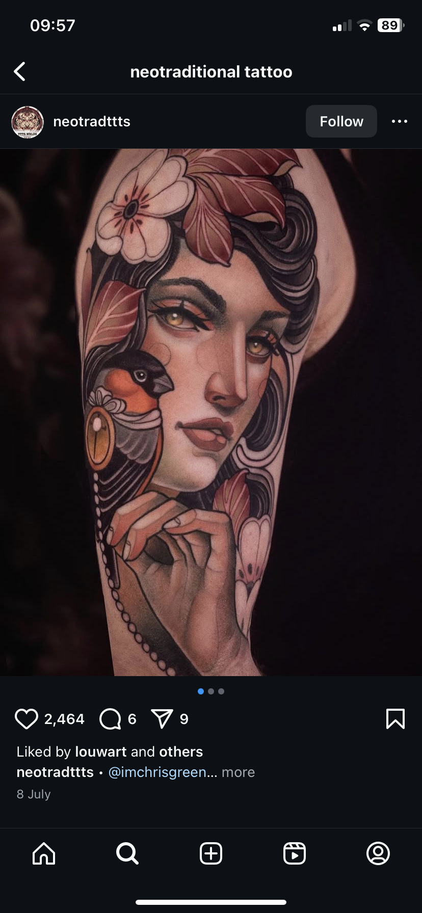 a closeup shot of a vibrant neotraditional tattoo on a person's arm. the tattoo depicts a woman's face with intricate floral elements and a bird perched on her shoulder. the style is realistic with bold outlines and rich colors. the woman's expression is serene and the details are finely rendered. the tattoo covers a significant portion of the arm. the background is dark and out of focus, highlighting the tattoo. the image is taken from a social media platform, showing the number of likes and comments.