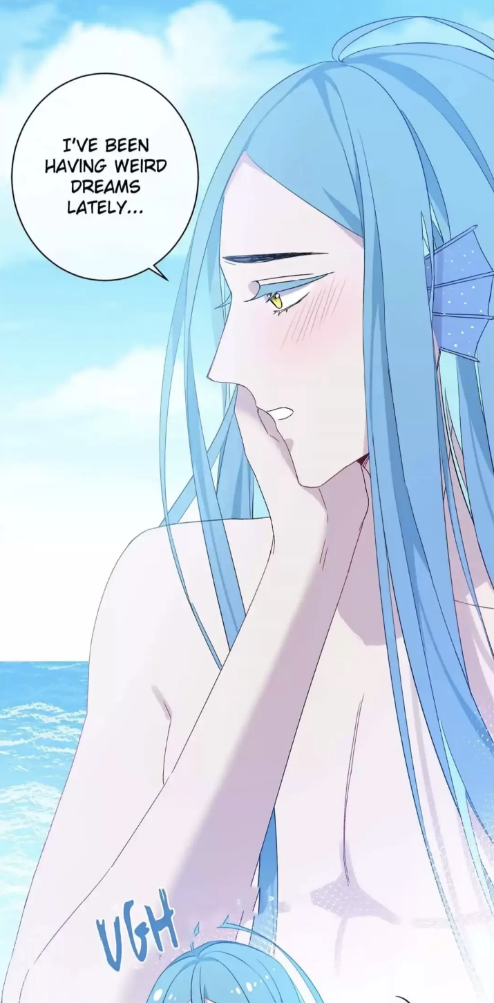 the image is a panel from a manga, manhwa, or webtoon. it features a young man with long, flowing light blue hair, who appears to be a mermaid or merman. he's partially submerged in water, with his arm resting on his chin. he's looking thoughtfully, with a light blush on his cheeks. a thought bubble above him indicates that he's been having strange dreams lately. the art style is soft and pastel, giving it a dreamy and somewhat wistful feel. a smaller, partially visible character with similar light blue hair is at the bottom of the image. the overall mood is calm and melancholic.