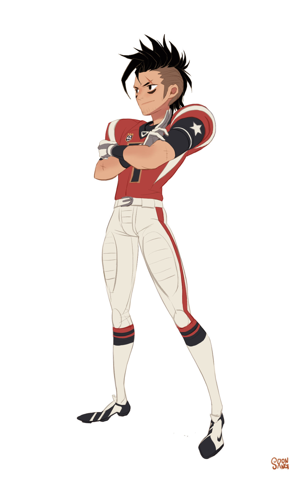 a stylized male character, likely designed for a comic or cartoon, stands confidently in a red and white football uniform. he has a determined expression, short black hair styled with a shaved side, and crossed arms revealing a bandage on his left arm. the character's physique is lean and athletic.  the background is plain white, focusing attention solely on the character.