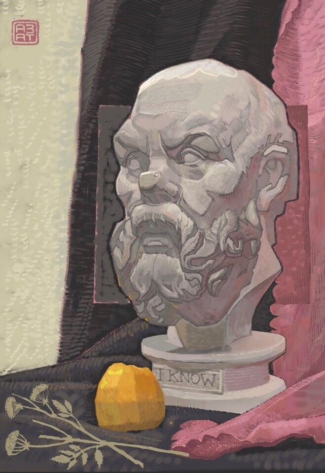 a still life painting featuring a marble bust of a man with a beard resting on a pink and black fabric drape. the bust is placed on a pedestal with an inscription reading "i know." a yellow fruit, possibly an orange, lies in front of the bust.  the background is a muted green.