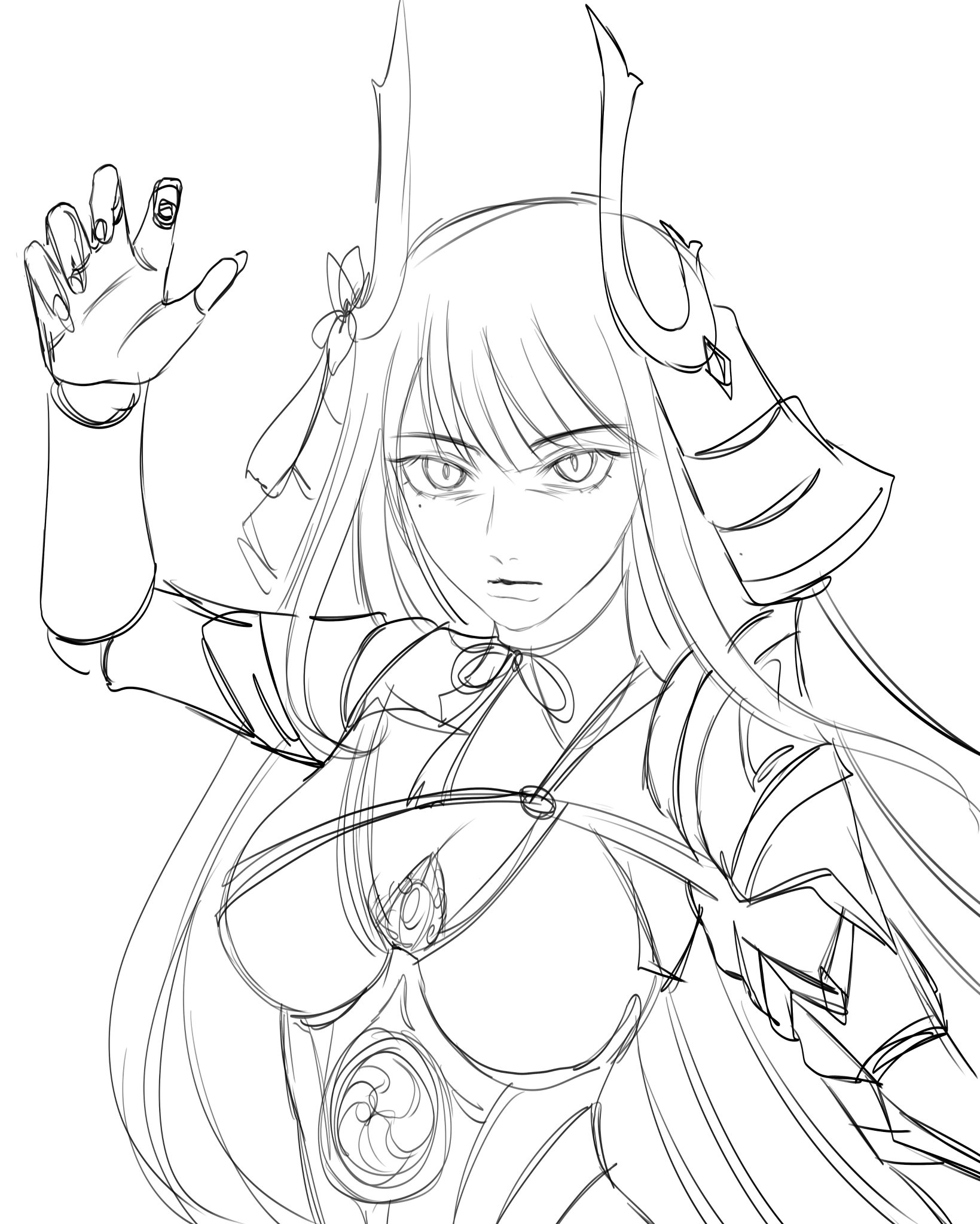 this is a sketch of a female anime warrior. she is wearing a samurai armor and has a long, flowing hair. the drawing is in black and white.