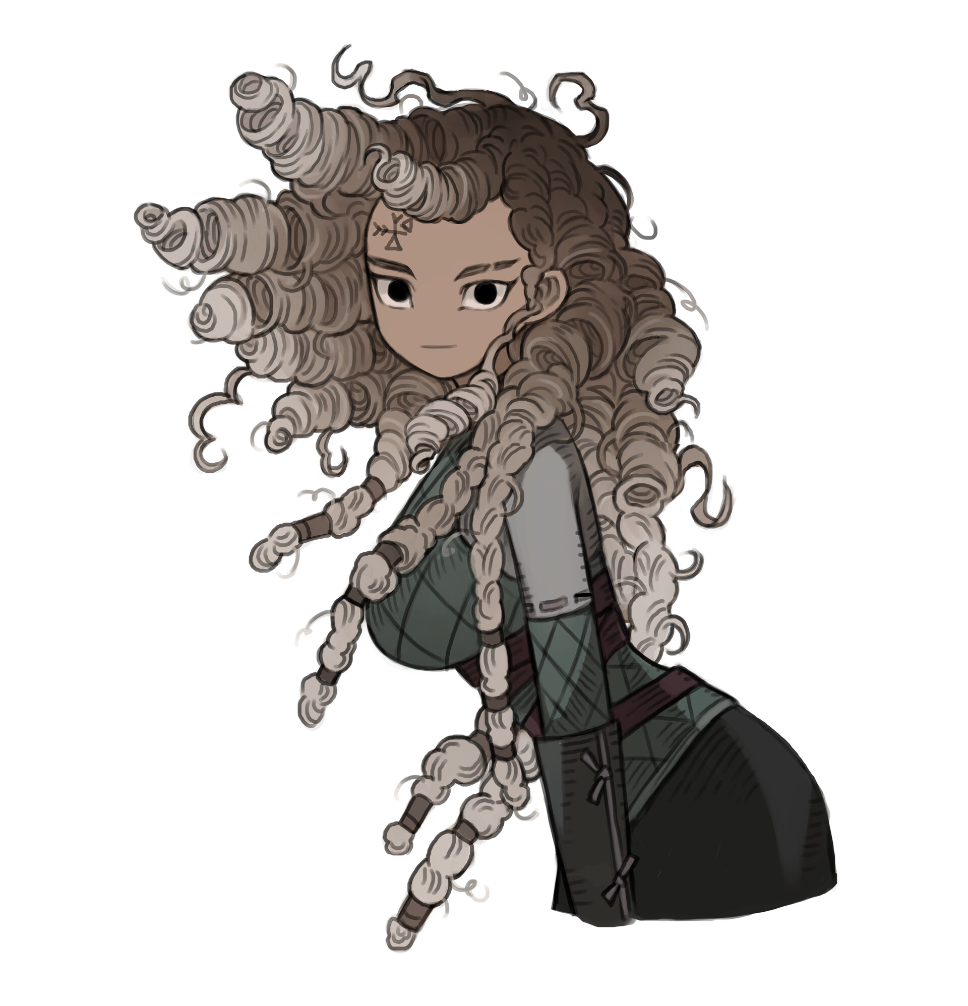 a bust portrait illustration of a young woman with voluminous curly hair, styled with braids. she's wearing a green tunic with leather accents, suggesting a fantasy warrior or adventurer. her expression is serious, with a hint of determination.