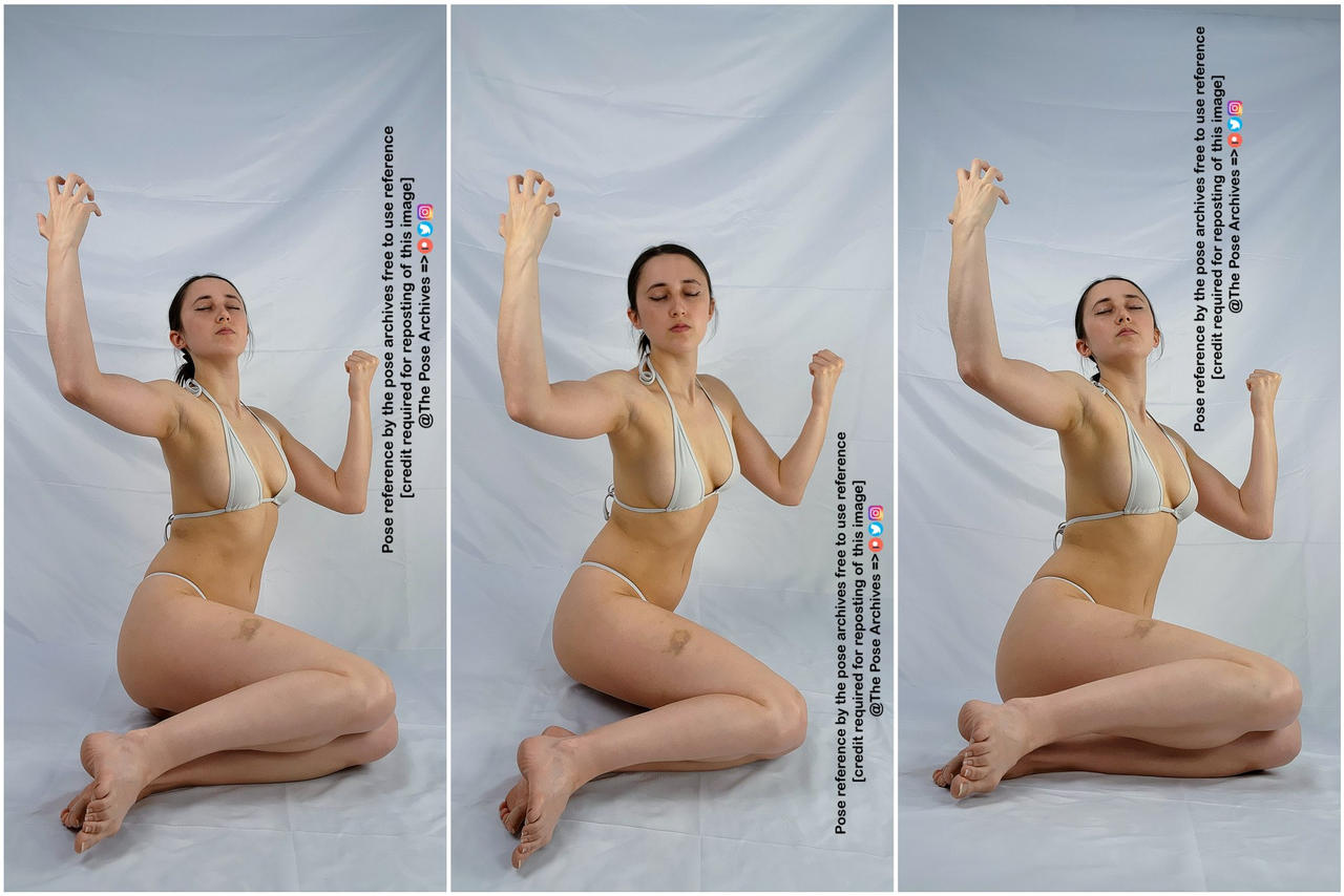 a triptych of images featuring a woman in a white bikini bottom and no top, sitting on a white backdrop, posing with her arms raised and hands flexed. the images are watermarked with the text "pose reference by the pose archives free to use reference [credit required for reposting of this image] @the pose archives".