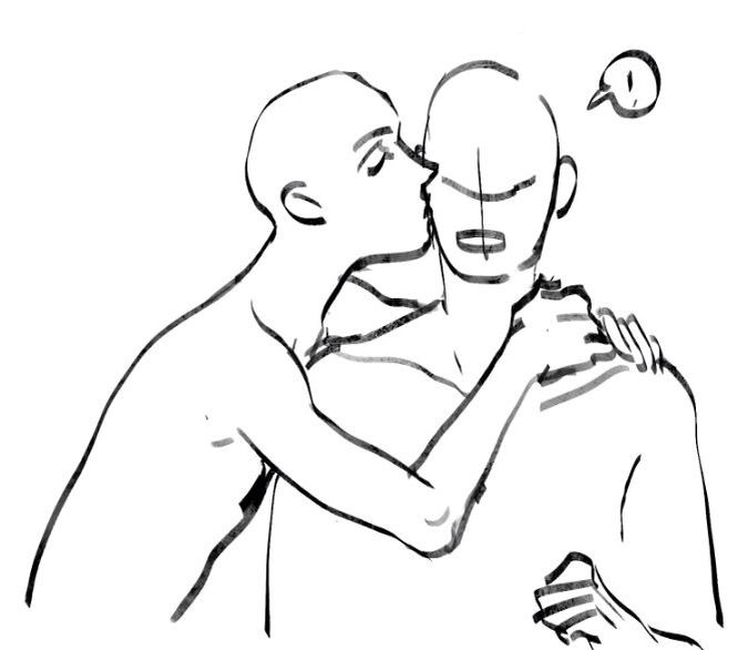 a simple black and white drawing of a person hugging another person from behind, kissing them on the cheek. the figure on the left is hugging the figure on the right.  the person on the right is looking off to the side. this is a good example of an art drawing with minimal lines, representing the idea of a loving couple.