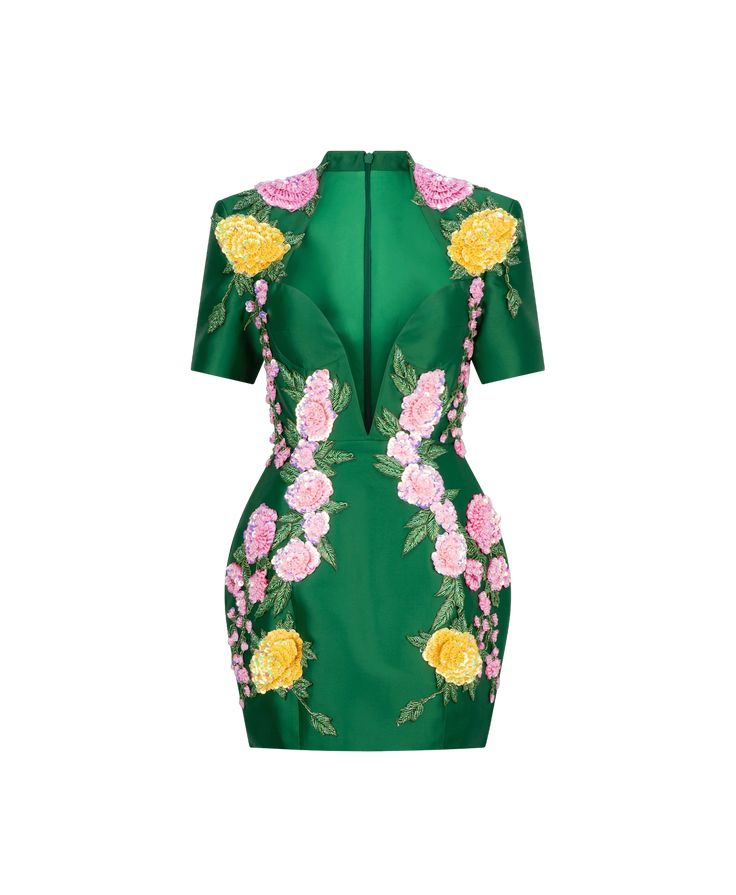 a green, short, formfitting dress with a deep vneck and floral embroidery. the embroidery features pink and yellow flowers.