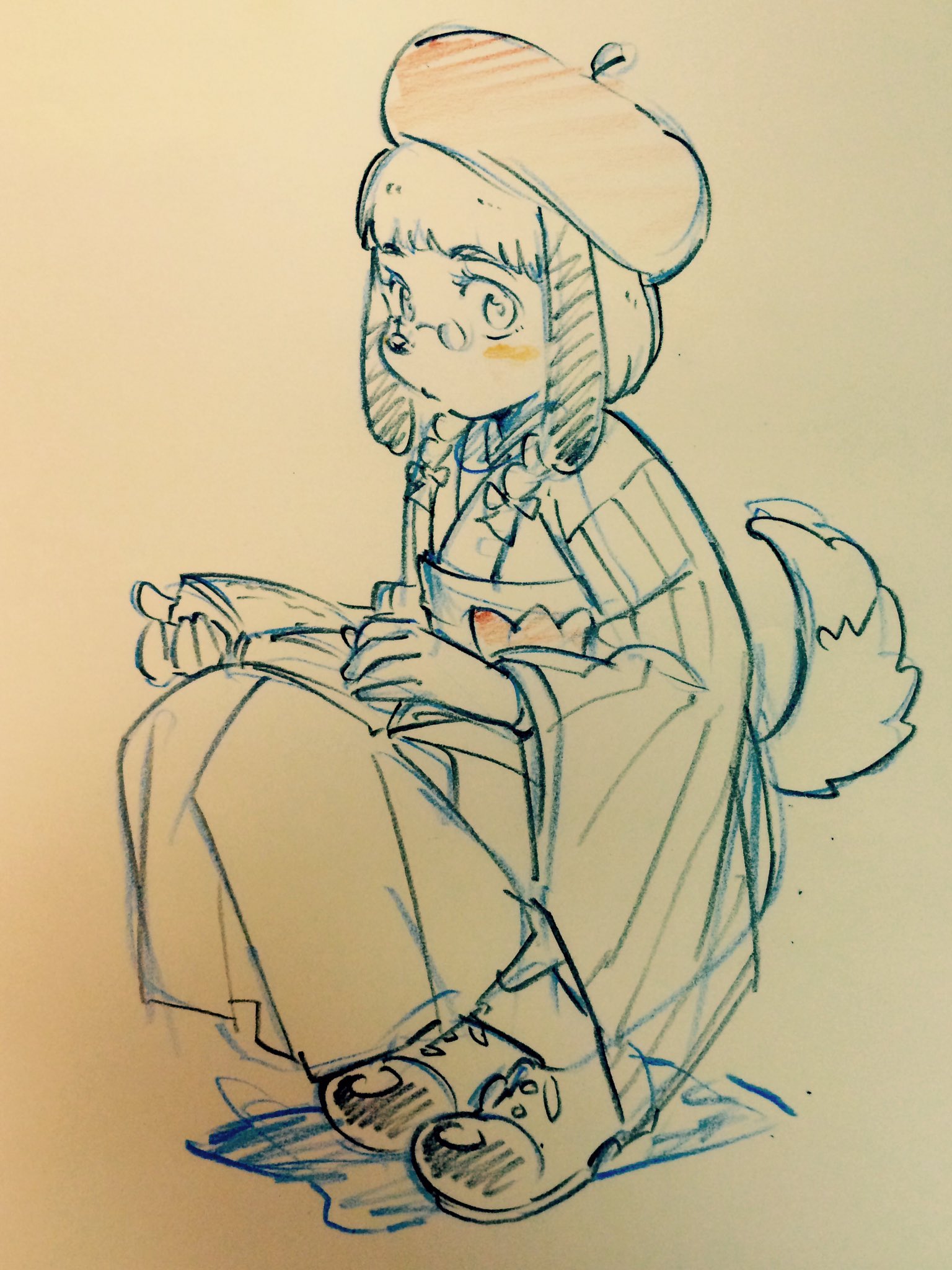 the image is a charming sketch of an anthropomorphic dog sitting and reading a book. the dog is wearing a beret, round glasses, a striped jacket draped over its shoulders, and overalls. its tail is visible curling behind it. the style is loose and expressive, capturing a sense of quiet contemplation. the light source is soft and diffused, casting subtle shadows.