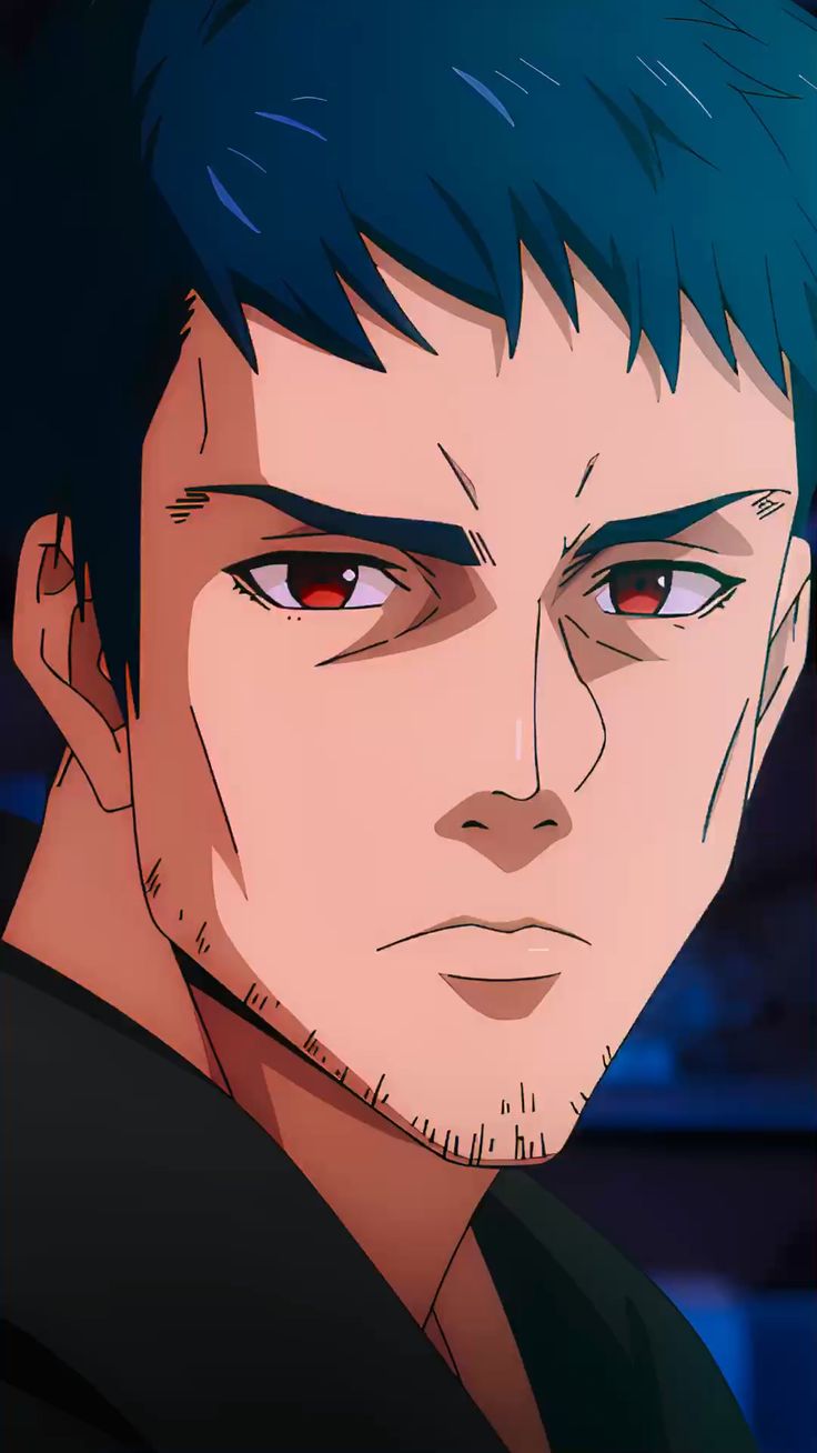 : the image shows a closeup illustration of an anime man's face. he has dark blue hair, piercing red eyes, and a serious expression. he has stubble on his chin and is wearing a darkcolored shirt. the lighting is dramatic, with shadows emphasizing his features. the overall mood of the image is intense and serious.