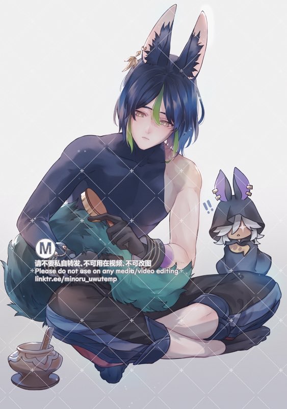 this image features a bluehaired anime character with green streaks and animal ears, wearing blue clothing. they are sitting down, grooming a large, fluffy, tealcolored creature with a brush. behind them, another smaller, whitehaired, rabbiteared creature is sitting on the ground with its hands in its lap, looking at the person and creature in front of them. the scene is a playful and cute image of a character taking care of their pet.