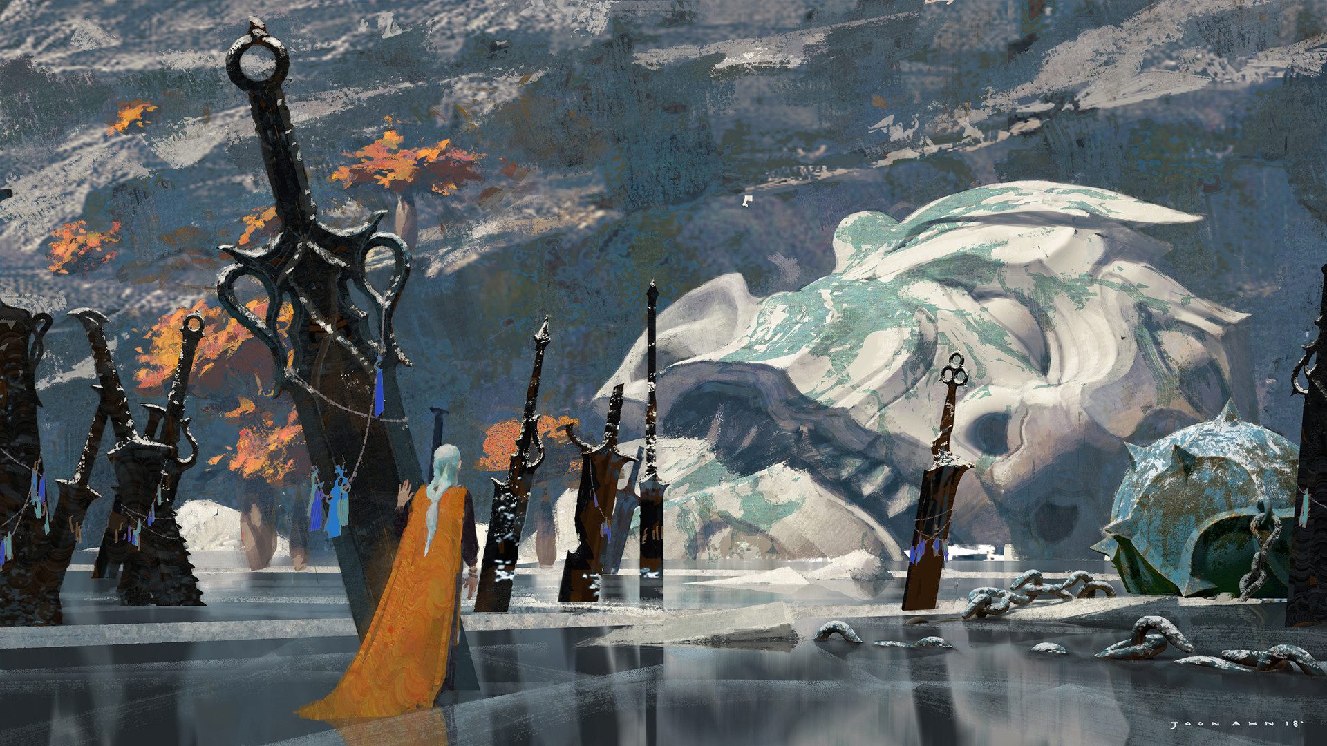 the image shows a graveyard of swords. a lone warrior in an orange cloak stands in a frozen lake in a cave, surrounded by giant swords. the cave is set against a backdrop of snowcapped mountains.  the overall tone of the image is dark and somber, with a sense of mystery and adventure.