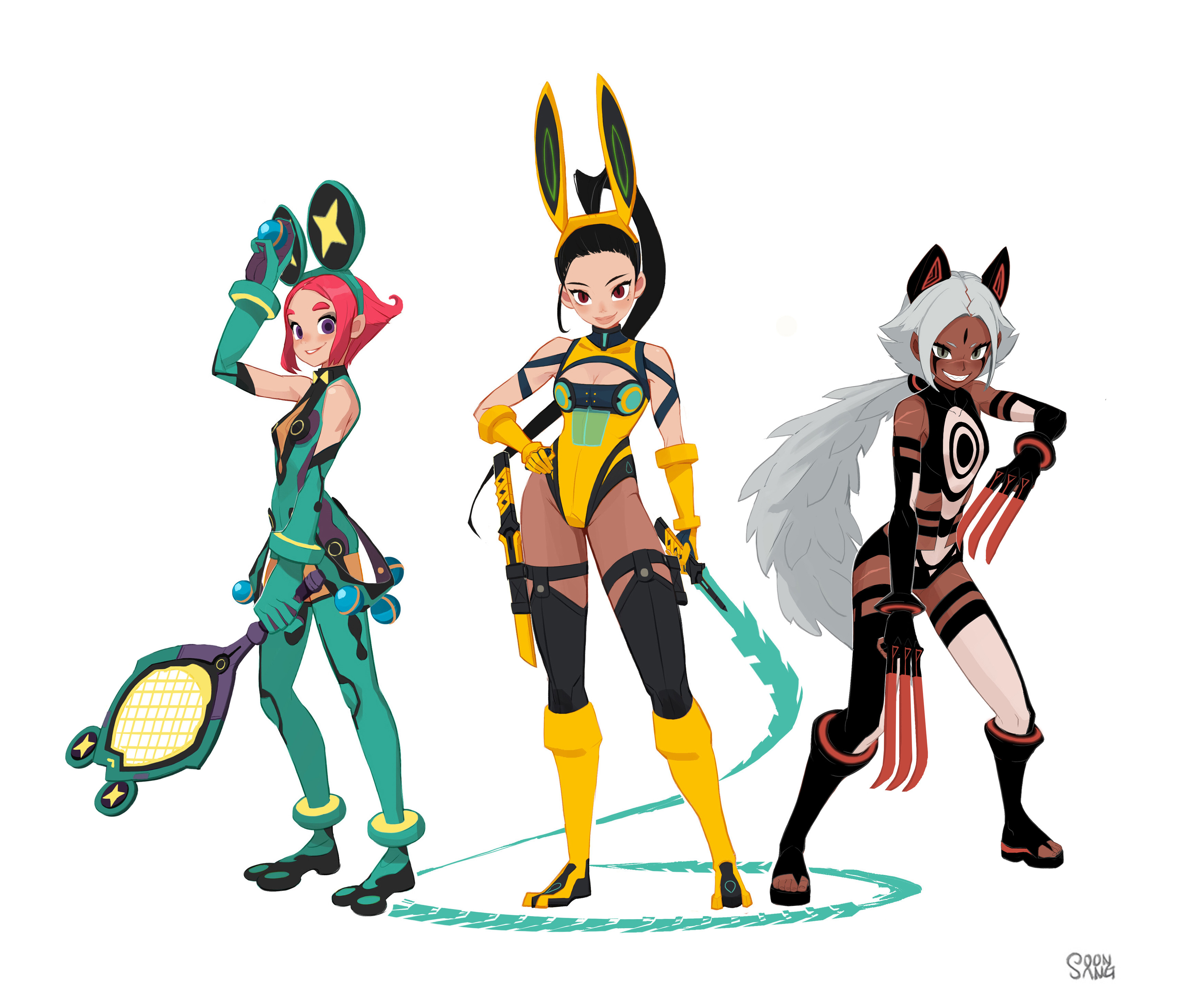 the image showcases three female characters designed in a vibrant, stylized art style reminiscent of anime and manga. they appear to be superheroes, each sporting a unique, futuristic costume. the character on the left holds a large, starshaped racket, hinting at energy manipulation. the central figure, with bunnylike ears, exudes confidence in a yellow and black suit, her pose suggestive of agility. on the right, a character with feline features brandishes energy claws, her suit emphasizing sleekness and aggression. the white background helps emphasize the characters and their colorful designs.