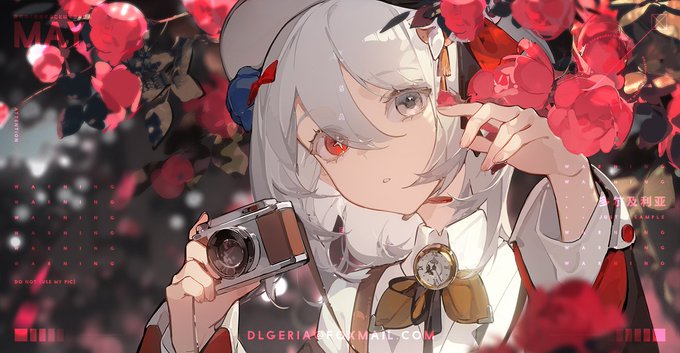 the image features a stylized drawing of an anime girl with white hair and striking red eyes.  she's positioned in a garden setting, surrounded by vibrant red roses. she holds a vintage brown camera in her hands, seemingly about to take a picture. the lighting is soft and natural, likely suggesting a daytime setting. the image has a gentle and whimsical mood.