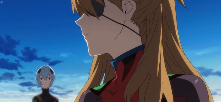 a profile shot of asuka langley soryu from neon genesis evangelion.  she has long blonde hair, an eyepatch over her right eye, and is wearing her plugsuit.  she appears serious or thoughtful. in the background, a smaller figure of rei ayanami can be seen, standing in the distance. the setting is an outdoor scene with a blue sky and clouds.
