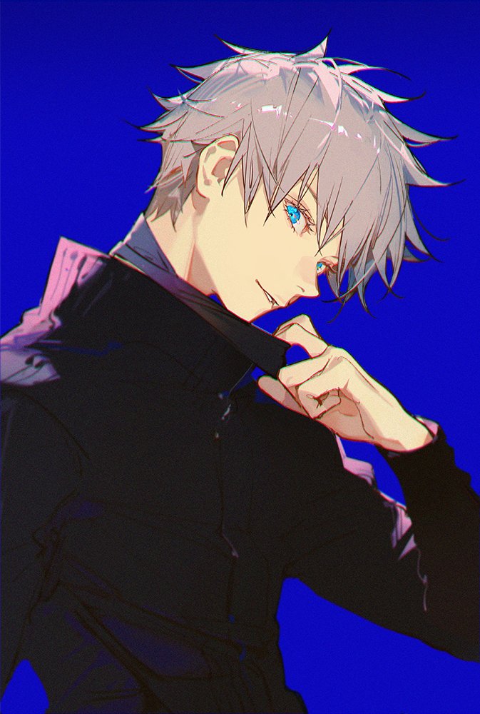 the image is a digital illustration of an anime boy, specifically gojo satoru from jujutsu kaisen. he has white spiky hair and striking blue eyes. he is wearing a black jacket and has a slight smirk on his face. he is holding his collar in his hand. the background is a solid royal blue color. the perspective is a side view.