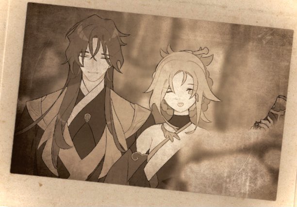 a sepiatoned image of a couple. the male character is dressed in a kimono with long black hair and a serious expression on his face. the female character has long blonde hair and is smiling, holding a sword in her hand.  the couple appears to be in a romantic relationship, the photo is faded and old, giving it a vintage feel.