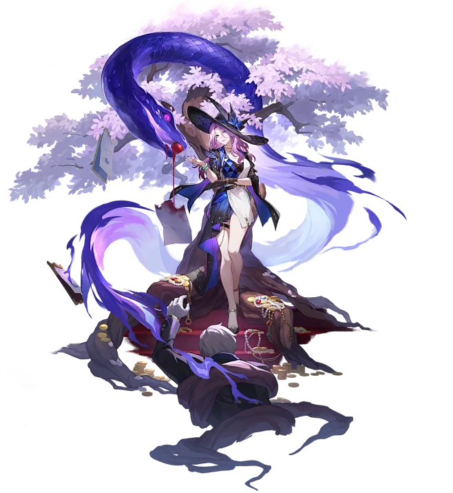 the image showcases a female figure with pale skin and long, flowing white hair, adorned with a pointed hat that signifies a witch or sorceress. she is elegantly attired in a combination of dark blue and white clothing, hinting at a mystical persona. she holds a red apple in her hand and offers it to a large, serpentine creature coiled around a blossoming tree. the serpent, rendered in shades of blue and purple, suggests an otherworldly or magical nature. the presence of glowing particles and the vibrant colors used to depict the scene further accentuate the mystical theme.