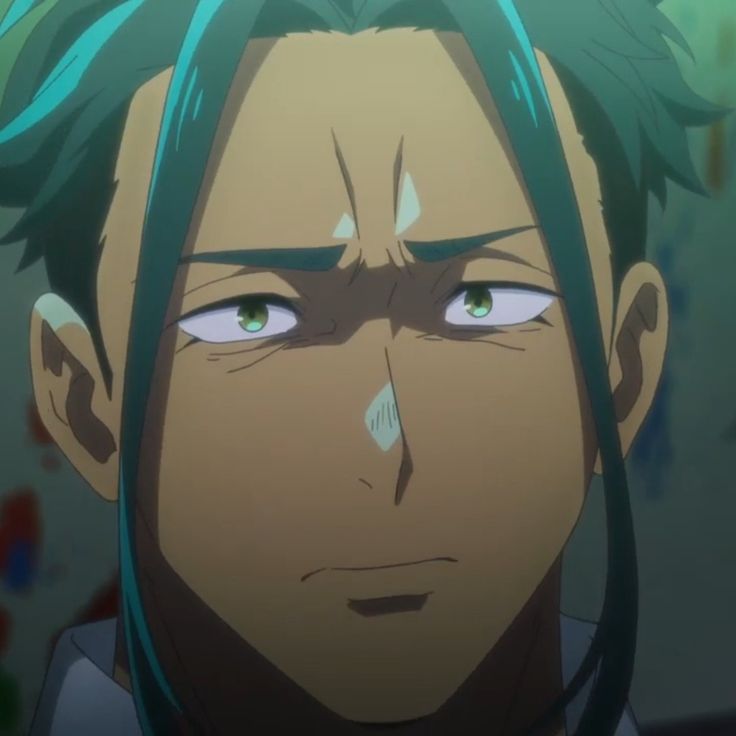 a closeup portrait of an anime male character with green hair and green eyes. he has a serious expression on his face, with his eyebrows furrowed and his eyes narrowed. he looks like he's thinking about something important or worried about something.